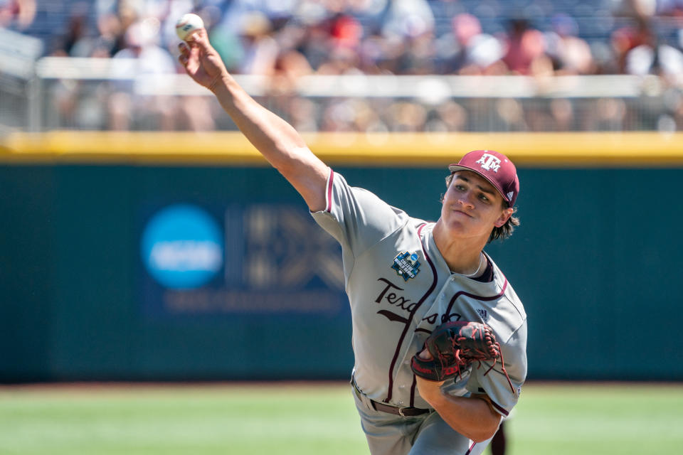 Jun 21, 2022; Omaha, NE; Texas A&M Aggies starting pitcher Nathan Dettmer (35) pitches against the Notre Dame Fighting Irish during the first inning at Charles Schwab Field. Dylan Widger-USA TODAY Sports