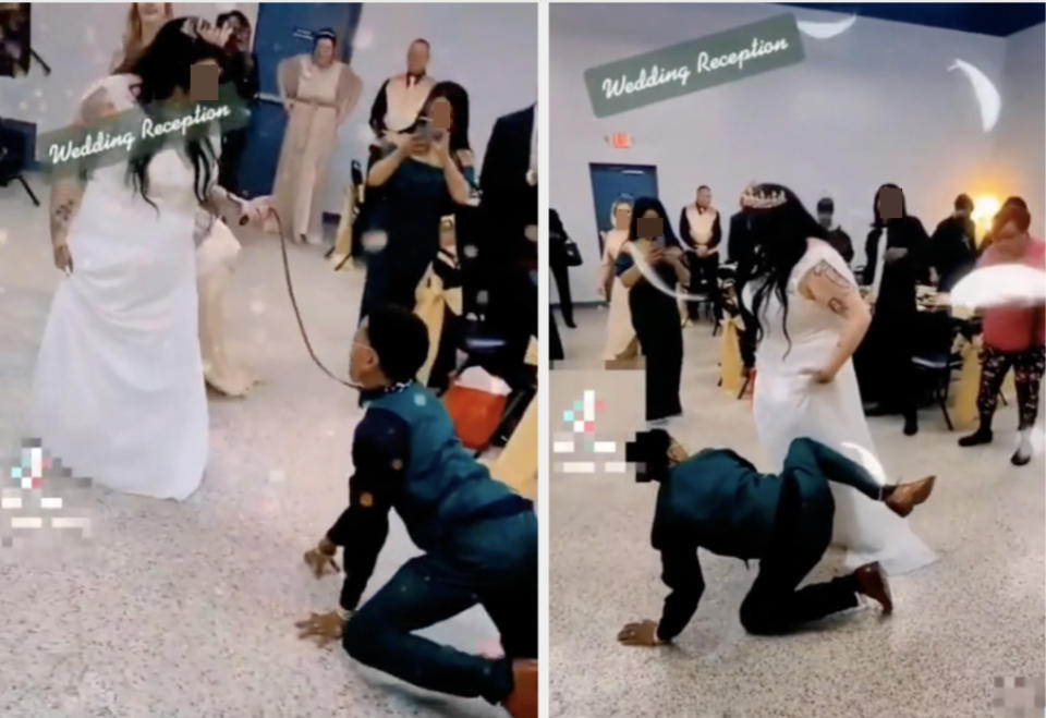 A bride with her groom on a leash