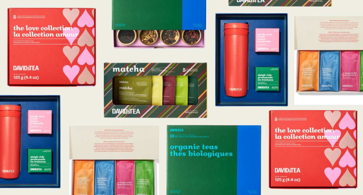 davids tea boxes in red, green and blue, davidstea