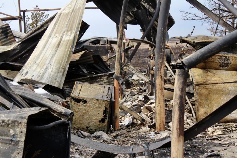 A home destroyed by the Windy Deuce Fire is pictured Thursday, Feb. 29, 2024, along State Highway 136 between Fritch and Borger in the Texas Panhandle.