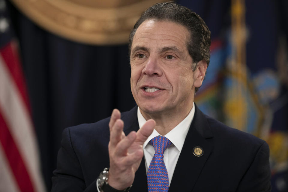 FILE - In this Jan. 24, 2019, file photo, New York Gov. Andrew Cuomo talks during a ceremony in New York. Cuomo announced Tuesday, March 10, 2020, he is sending the National Guard into the New York City suburb, New Rochelle, to help fight what is believed to be the nation's biggest cluster of coronavirus cases, one of the most dramatic actions yet to control the outbreak in the U.S. (AP Photo/Mark Lennihan, File)