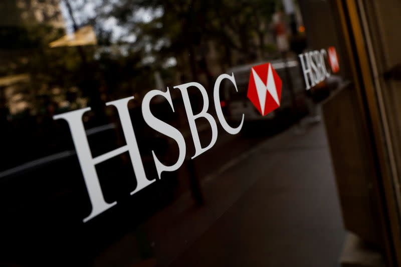 FILE PHOTO: HSBC logos are seen on a branch bank in the financial district in New York