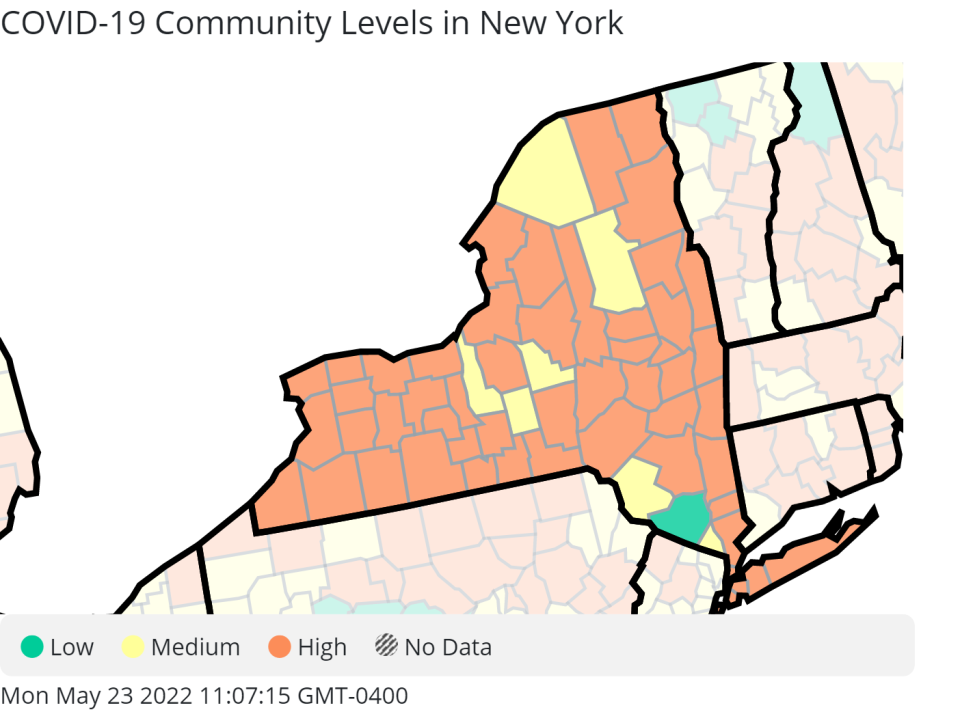 A total of 54 of 62 counties in New York fall into the orange "high risk" COVID category due to infection and hospitalization rates, according to CDC.