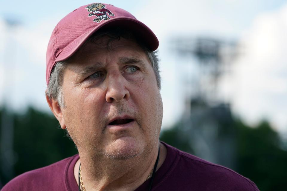 Mississippi State coach Mike Leach talks to reporters after the NCAA college football team's practice Friday, Aug. 5, 2022, in Starkville, Miss. (AP Photo/Rogelio V. Solis)
