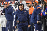 Denver Broncos coach Vic Fangio looks up during the first half of the team's NFL football game against the Cleveland Browns, Thursday, Oct. 21, 2021, in Cleveland. (AP Photo/David Richard)