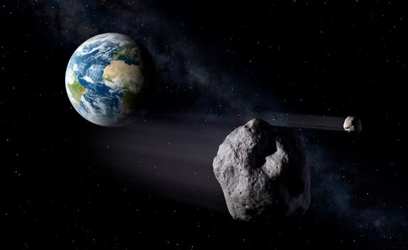 This artist's illustration shows a hazardous near-Earth asteroid.