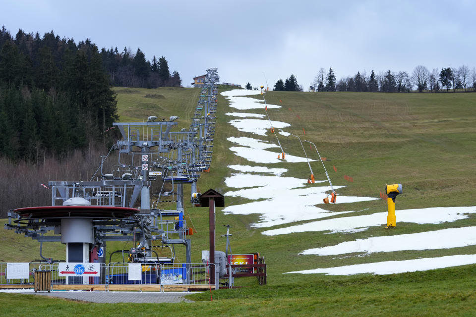 FILE - View of a closed ski slope at a ski resort near Liberec, Czech Republic, Thursday, Jan. 5, 2023. Due to the recent warm weather mountains across Europe suffer from unusual lack of snow. (AP Photo/Petr David Josek, File)