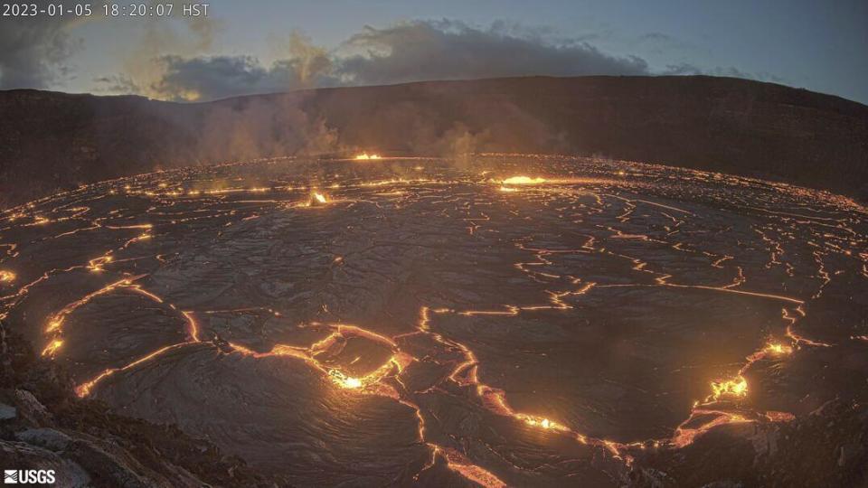 This webcam image provided by the U.S. Geological Survey shows Hawaii’s Kilauea volcano, Thursday, Jan. 5, 2023. Hawaii's Kilauea began erupting inside its summit crater Thursday, the U.S. Geological Survey said, less than one month after the volcano and its larger neighbor Mauna Loa stopped releasing lava. ( U.S. Geological Survey via AP)