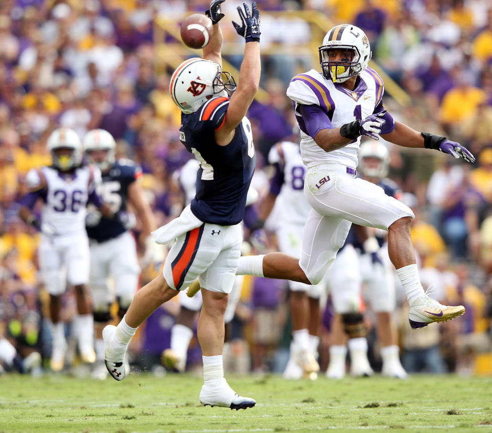 BATON ROUGE, LA - OCTOBER 22: Eric Reid #1 of the LSU Tigers breaks up a pass intended for Jay Wisner #84 of the Auburn Tigers during the game at Tiger Stadium on October 22, 2011 in Baton Rouge, Louisiana. (Photo by Jamie Squire/Getty Images)