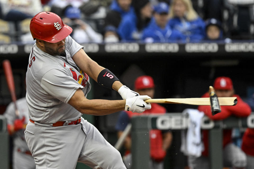 St. Louis Cardinals designated hitter Albert Pujols breaks his bat during the third inning of a baseball game against the Kansas City Royals, Wednesday, May 4, 2022 in Kansas City, Mo. (AP Photo/Reed Hoffmann)