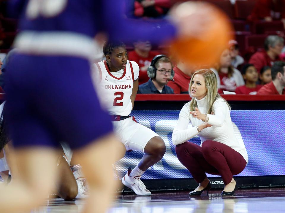 OU coach Jennie Baranczyk talks with Reyna Scott (2) during a game against Northwestern State on Nov. 30 at the Lloyd Noble Center in Norman.