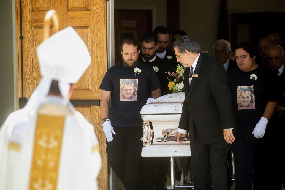 Pallbearers carry the casket of Keyla Salazar following the 13-year-old's funeral on Tuesday, Aug. 6, 2019, in San Jose, Calif. Salazar and two others were killed when a gunman opened fire at the Gilroy Garlic Festival July 28. (AP Photo/Noah Berger)