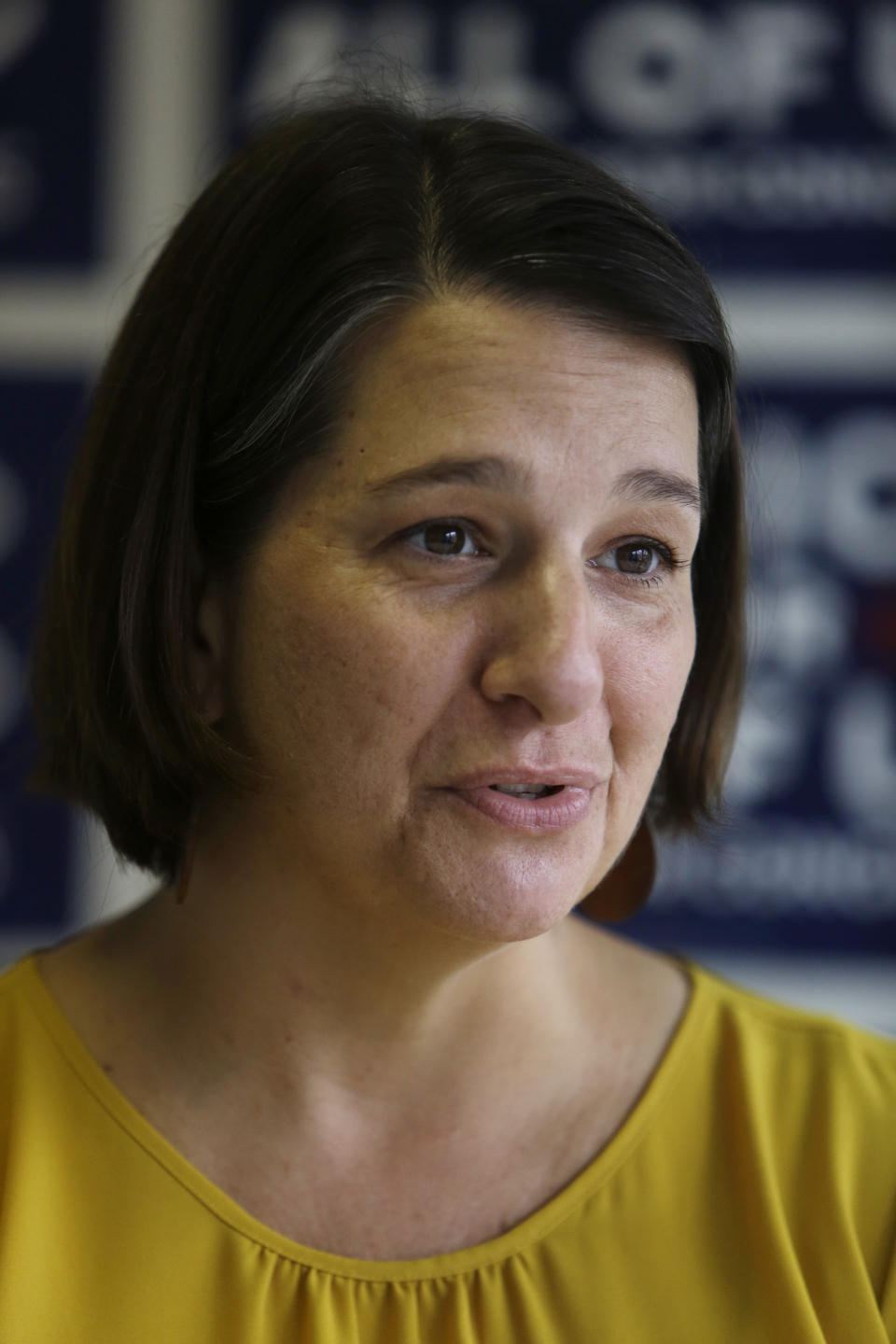 Jess King, a Democratic candidate in Pennsylvania's 11th Congressional District, responds to a reporter's question Friday Nov. 2, 2018, in Lancaster, Pa. Voters in Pennsylvania's rolling dairy farms and Amish countryside had rarely, if ever, seen a Democrat mount a competitive campaign for Congress, until now. From all appearances, first-time candidate Jess King is giving freshman Republican U.S. Rep. Lloyd Smucker a fight to the finish in Tuesday's election in this conservative district. (AP Photo/Jacqueline Larma)