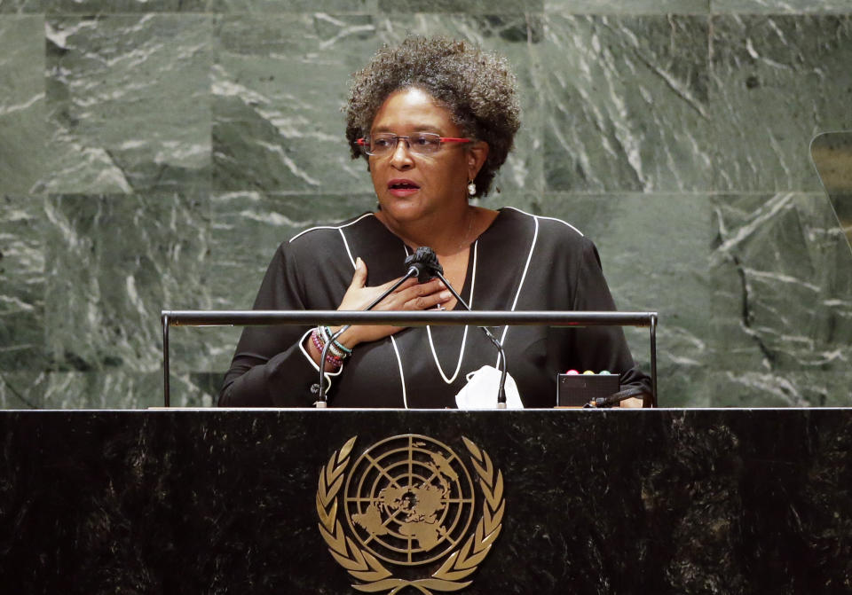 Mia Amor Mottley, Prime Minister, Minister for National Security and the Civil Service addresses the 76th Session of the U.N. General Assembly at United Nations headquarters in New York, on Friday, Sept. 24, 2021. (John Angelillo /Pool Photo via AP)