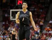 Apr 7, 2016; Houston, TX, USA; Phoenix Suns guard Devin Booker (1) reacts after a play during the first quarter against the Houston Rockets at Toyota Center. Mandatory Credit: Troy Taormina-USA TODAY Sports