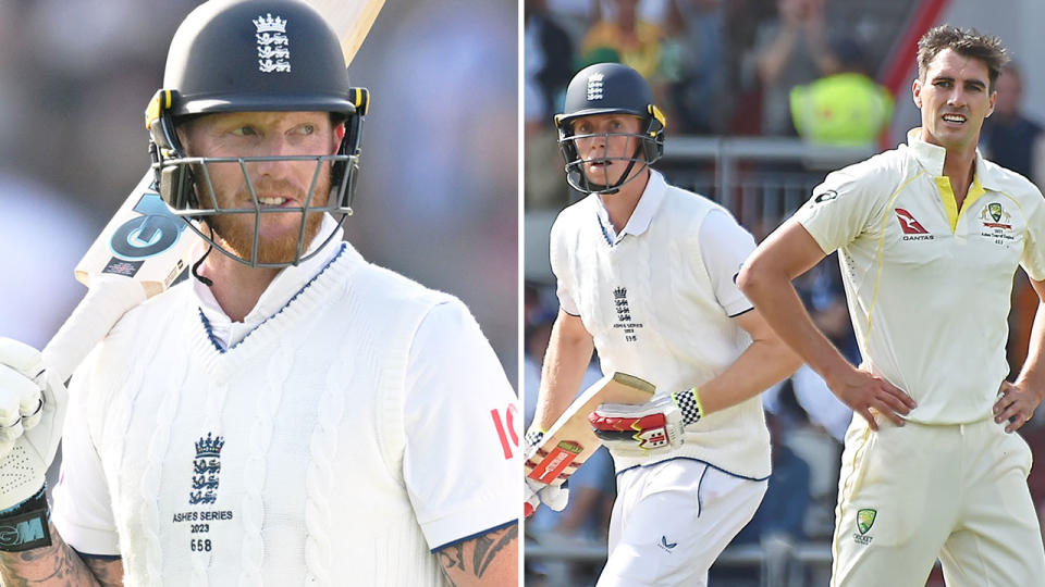 England captain Ben Stokes is pictured on the left and Australian opposite Pat Cummins on the right.