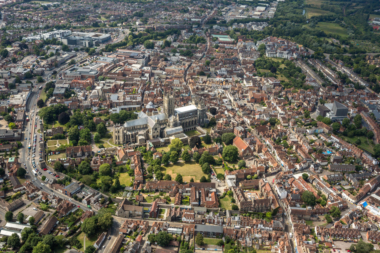 KENT, UNITED KINGDOM. JULY 2017. Aerial photograph of Canterbury Cathedral and the town centre on July 18th, 2017. This World Heritage Site dates back to 1070 it is located in the centre of Canterbury, 53 miles East Southeast of London, 14 miles West of the English Channel. (Photograph by David Goddard/Getty Images)