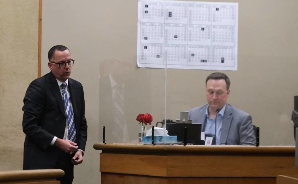 San Luis Obispo County Deputy District Attorney Greg Devitt questions forensic pathologist Evan Matshes during the trial against Brandi Turner in San Luis Obispo Superior Court on Jan. 11, 2024. Turner is accused of selling the fentanyl to Quinn Hall that killed him in 2022.