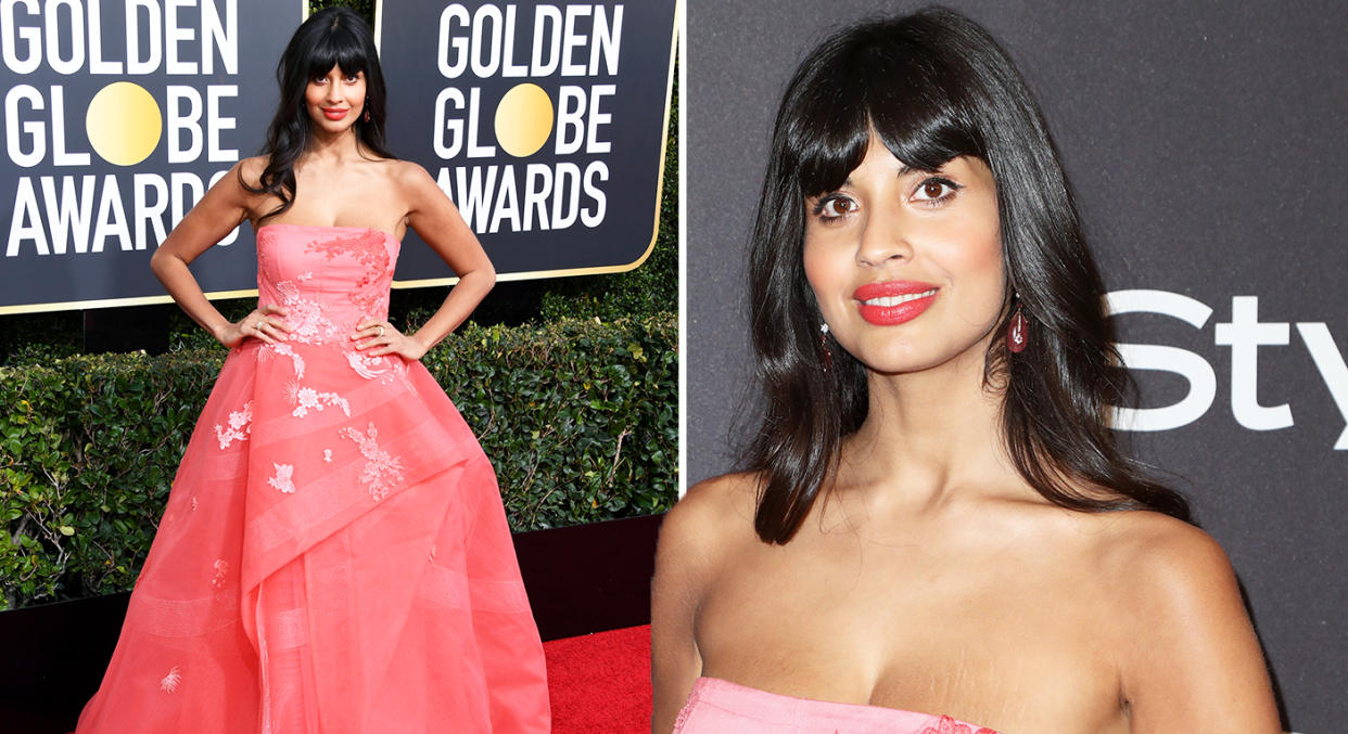 Jameela Jamil wore jeans on the Golden Globes red carpet. [Photo: Getty]