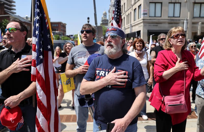 Trump supporters and others rally against coronavirus disease restrictions at the Pennsylvania Capitol in Harrisburg