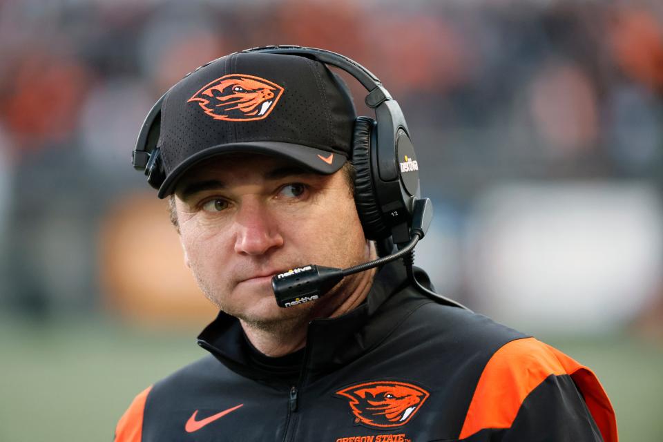 Oregon State Beavers head coach Jonathan Smith watches his team from the sidelines during the second half against the Oregon Ducks at Reser Stadium in November 2022 in Corvallis.