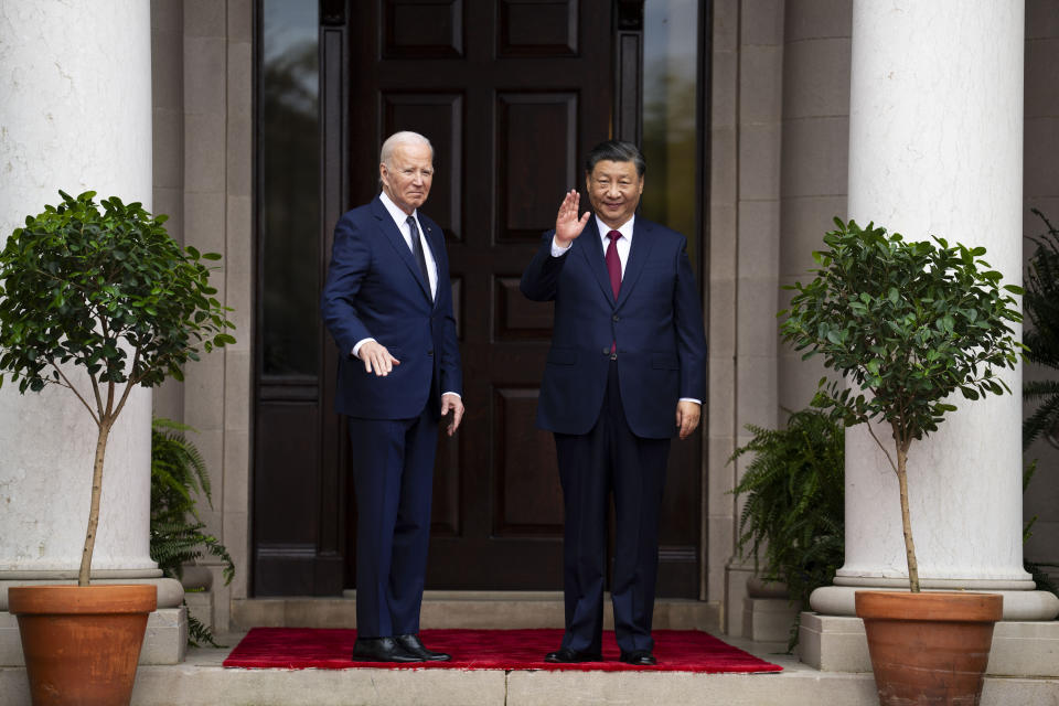 FILE - President Joe Biden greets China's President President Xi Jinping at the Filoli Estate in Woodside, Calif., on Nov, 15, 2023, on the sidelines of the Asia-Pacific Economic Cooperative conference. (Doug Mills/The New York Times via AP, Pool, File)