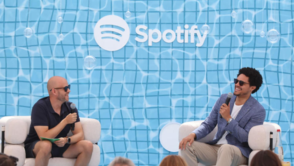 CANNES, FRANCE - JUNE 20: Spotify's CEO and Co-Founder Daniel Ek (L) joins author and comedian Trevor Noah to discuss the future of storytelling at Spotify Beach on June 20, 2023 in Cannes, France. (Photo by David M. Benett/Dave Benett/Getty Images for Spotify)
