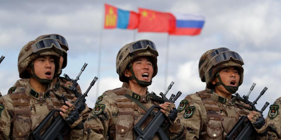 Chinese troops march at the training ground