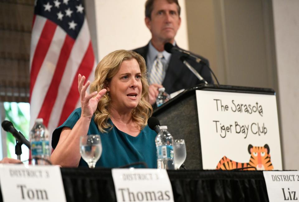Sarasota County School Board's District 2 candidate Liz Barker speaks during a July 11, 2024, candidates' forum held at the Sarasota Tiger Bay Club.