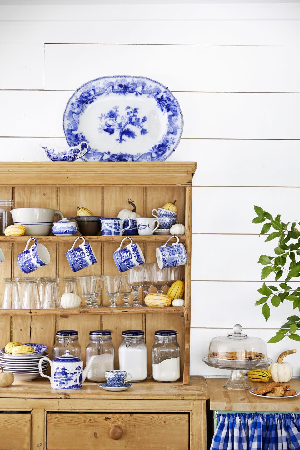 pine hutch with blue and white china