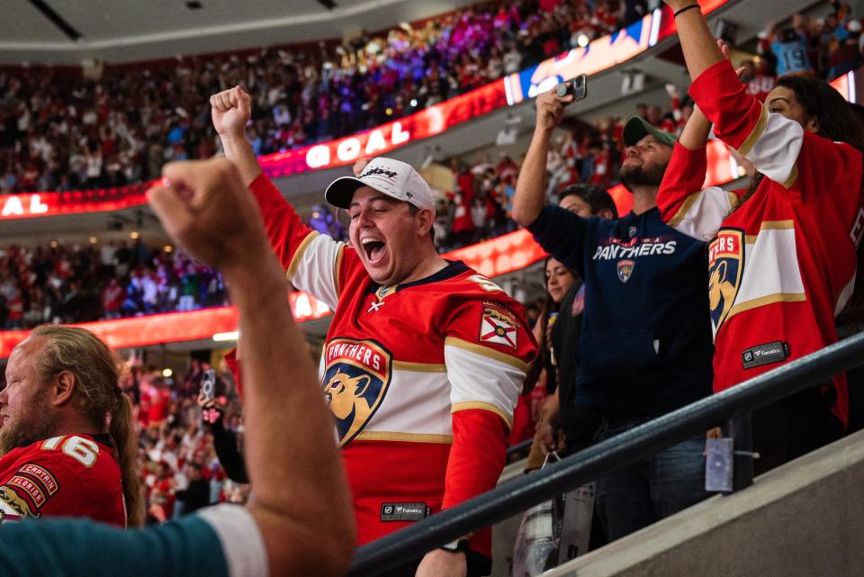 Florida Panthers cheer after the Panthers win Game 3 of the NHL Stanley Cup Finals on Thursday, June 8, 2023, in FLA Live Arena in Sunrise, Fla. Final score, Florida Panthers, 3, Vegas Golden Knights, 2.