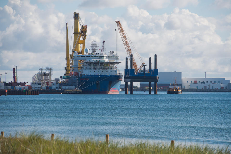 03 September 2020, Mecklenburg-Western Pomerania, Sassnitz-Mukran: The Russian laying ship "Akademik Tscherski" is moored in the port of Mukran on the island of Rügen. The special ship is being prepared in the port for its deployment for the further construction of the Nord Stream 2 Baltic Sea pipeline. Photo: Stefan Sauer/dpa-Zentralbild/dpa (Photo by Stefan Sauer/picture alliance via Getty Images)