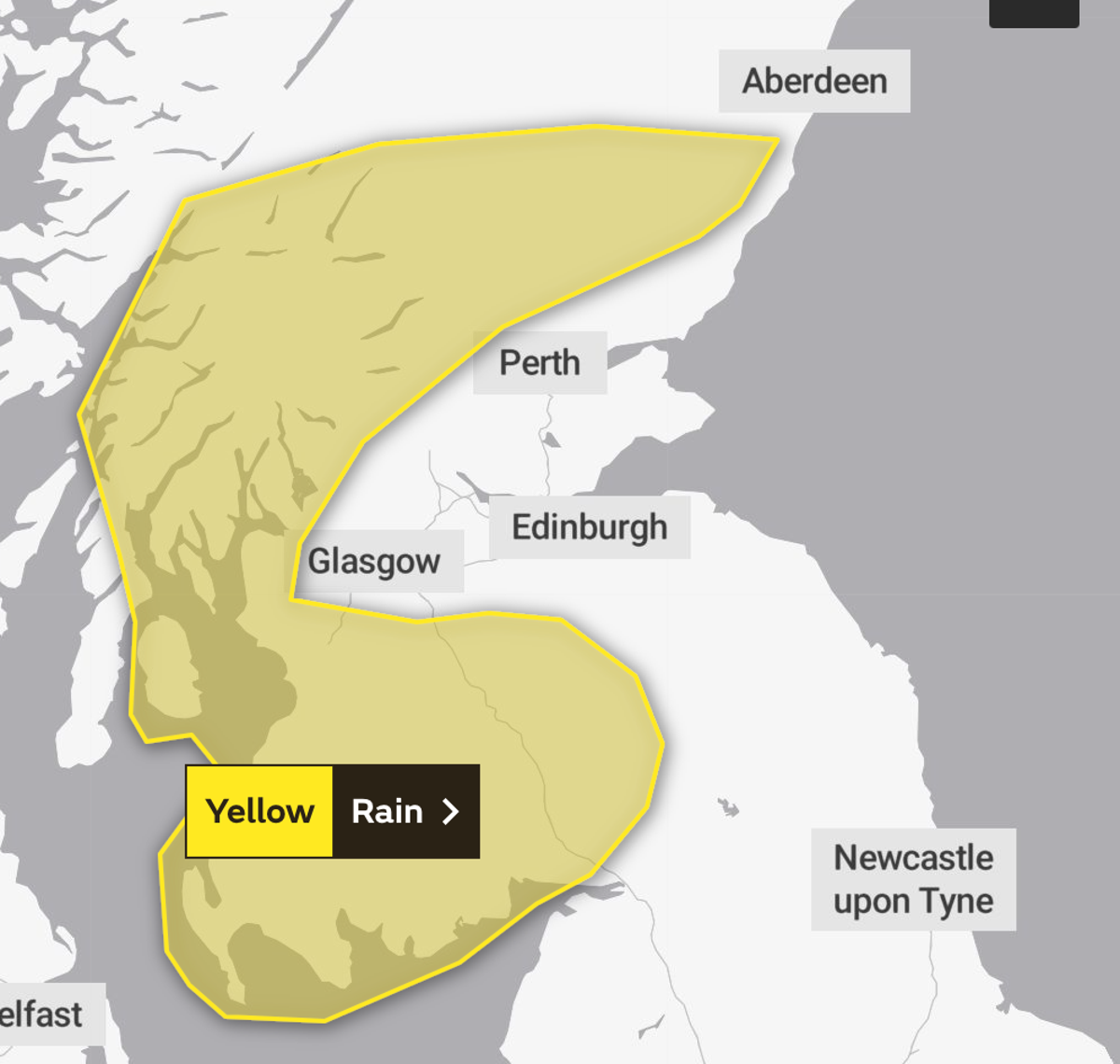 A yellow warning for rain was in place from 1pm to midnight on Sunday (Met Office/screengrab)