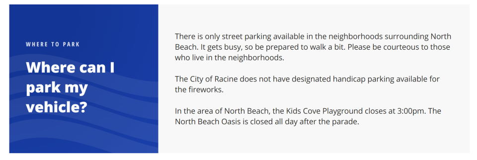 Racine's Fourth Fest Parade website offers advice on vehicle parking on June 28, 2024.