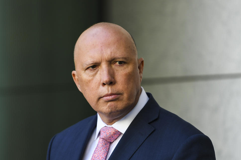 A stern looking Defence Minister Peter Dutton with a navy suit and pink tie.