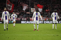 PSG's players leave the field at the end of the Champions League round of 16 second leg soccer match between Bayern Munich and Paris Saint Germain at the Allianz Arena in Munich, Germany, Wednesday, March 8, 2023. Bayern Munich won 2-0. (AP Photo/Andreas Schaad)