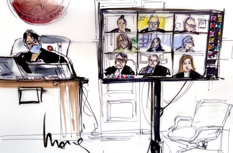  courtroom sketch shows Judge Brenda J. Penny presiding over participants, virtually appearing on a screen - MONA EDWARDS/AFP via Getty Images