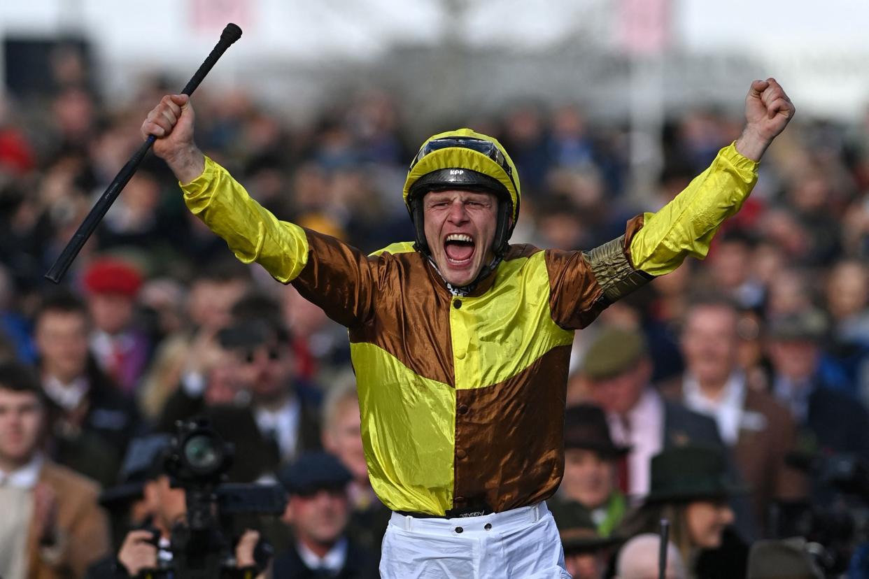 Jockey Paul Townend celebrating his Gold Cup triumph in 2023 (AFP via Getty Images)