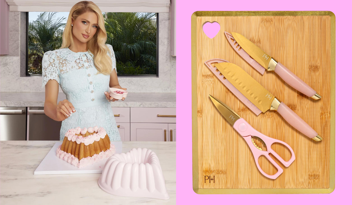 paris hilton with a pink cake pan and heart-shaped cake / a pink and gold knife set on a wooden cutting board