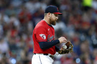 Cleveland Guardians relief pitcher Bryan Shaw walks back to the mound after giving up a two-run home run to Boston Red Sox's Christian Arroyo during the seventh inning of a baseball game Friday, June 24, 2022, in Cleveland. (AP Photo/Ron Schwane)