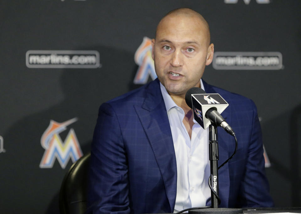 Marlins owner Derek Jeter talks to reporters during a news conference on Oct. 4. (AP)