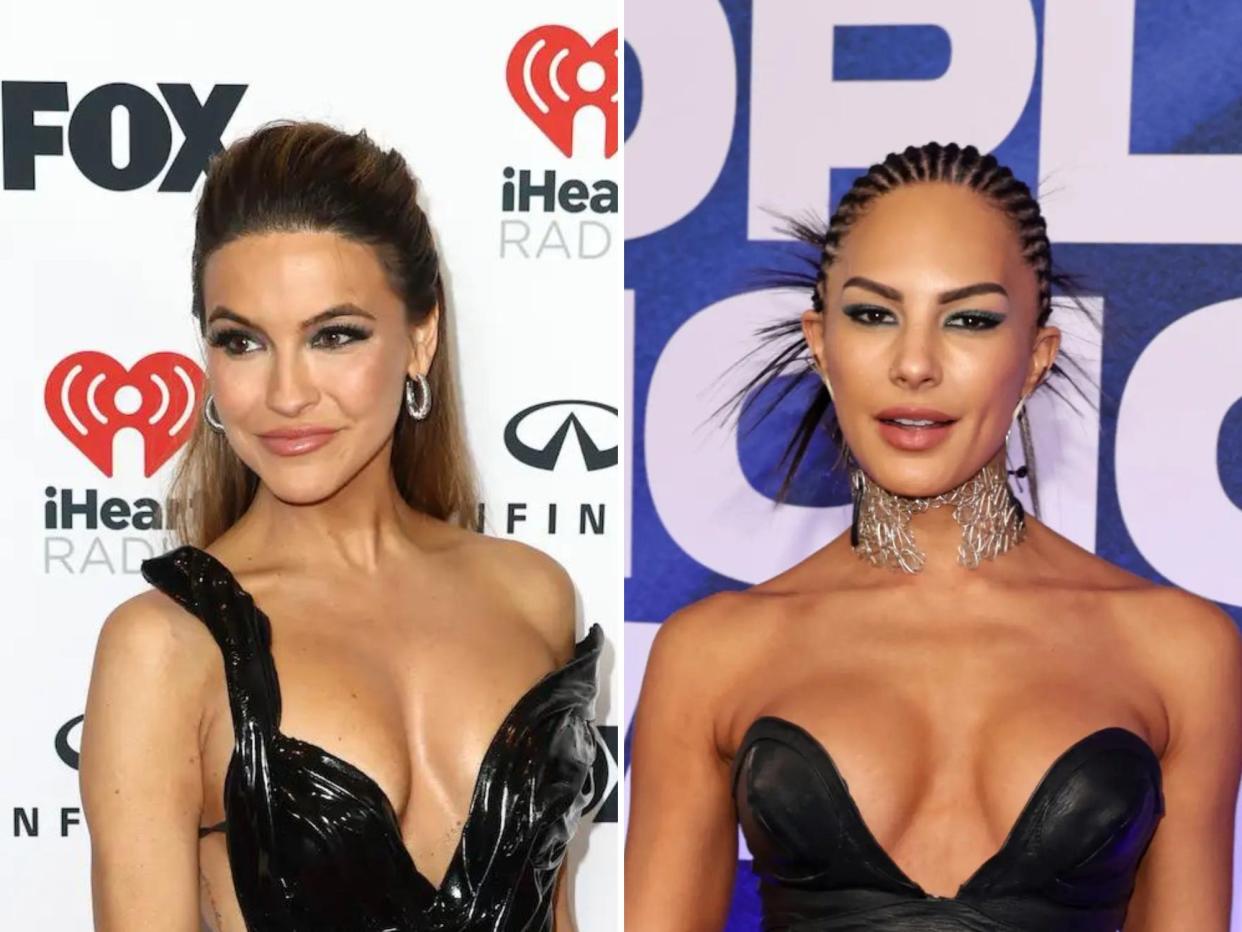 left: chrishell stause on a red carpet with a white background. she's wearing a low cut black dress and her hair is styled half back and teased on top of her head. right: amanza smith in a low cut strapless black dress, her hair styled in an updo behind her head with a spiky accessory