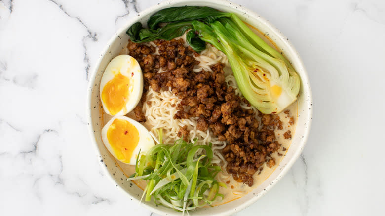 pork ramen with egg and vegetables