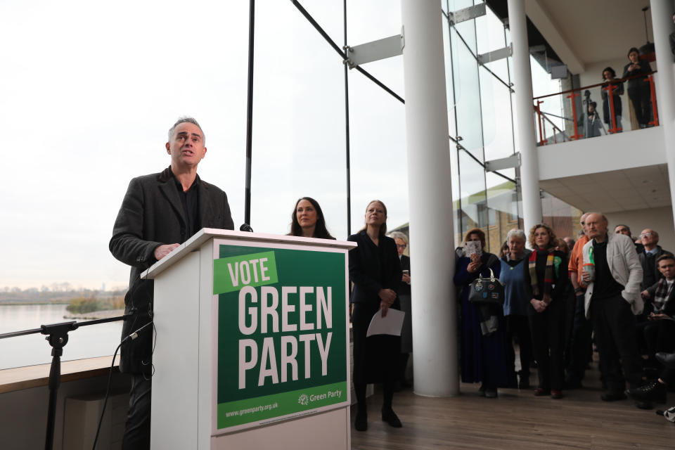 (left to right) Green Party Co-Leader Jonathan Bartley speaking with Deputy leader Amelia Womack and Co-Leader Sian Berry at the Observatory, London Wetlands Centre, for the launch of the Green Party manifesto for the 2019 General Election. PA Photo. Picture date: Tuesday November 19,2019. See PA story POLITICS Election. Photo credit should read: Isabel Infantes/PA Wire