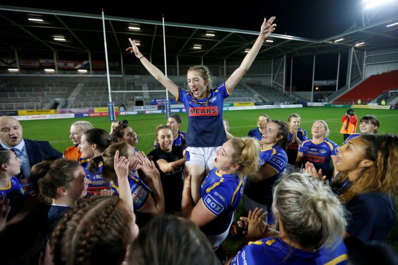 Caitlin Beevers celebrating winning the Betfred Super League Grand Final with Leeds Rhinos in October // Action Images/Ed Sykes