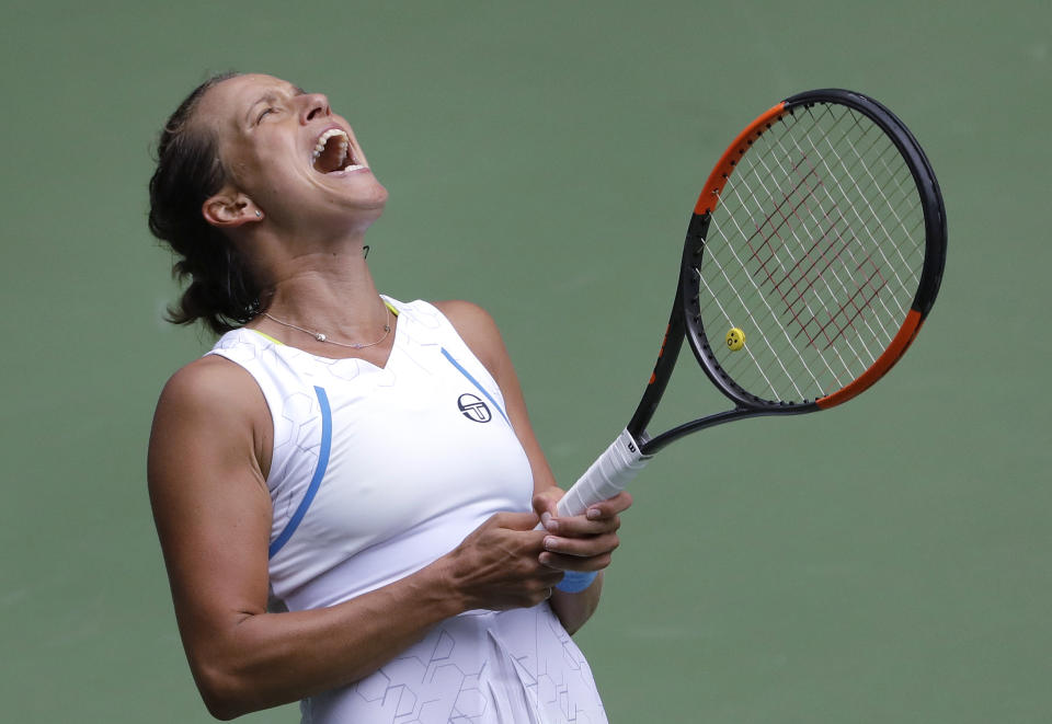 Barbora Strycova, of the Czech Republic, reacts against Elise Mertens, of Belgium, during the third round of the U.S. Open tennis tournament, Friday, Aug. 31, 2018, in New York. (AP Photo/Seth Wenig)