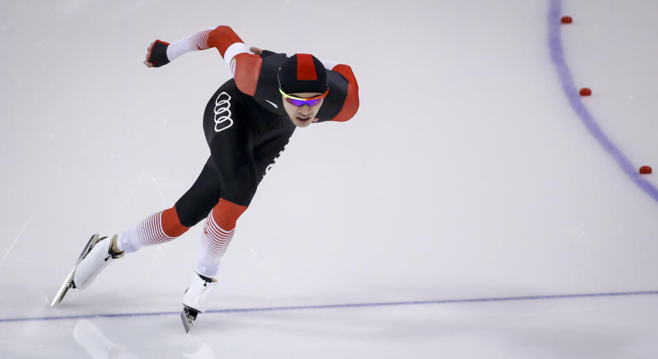 China's Zhongyan Ning skates during the men's 1000-meter competition at the ISU World Cup speedskating event in Calgary, Alberta, Sunday, Dec. 12, 2021. (Jeff McIntosh/The Canadian Press via AP)