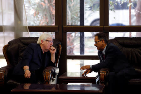 U.N. envoy to Yemen Martin Griffiths (L) listens to the undersecretary of Houthi-led government's foreign ministry, Faisal Amin Abu-Rass upon his arrival at Sanaa airport in Sanaa, Yemen June 16, 2018. REUTERS/Khaled Abdullah