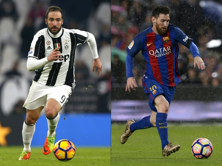 Juventus forward Gonzalo Higuain (L) and Barcelona forward Lionel Messi pictured in a combination of image created on April 10, 2017