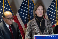 FILE - Sidney Powell, right, speaks next to former Mayor of New York Rudy Giuliani, as members of President Donald Trump's legal team, during a news conference at the Republican National Committee headquarters on Nov. 19, 2020, in Washington. The House committee investigating the Capitol insurrection has issued subpoenas to some of Donald Trump's closest advisers, including Rudy Giuliani and Sidney Powell. (AP Photo/Jacquelyn Martin, File)